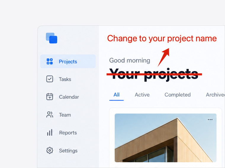 Project dashboard annotated with a red box, arrow, and Delete label.